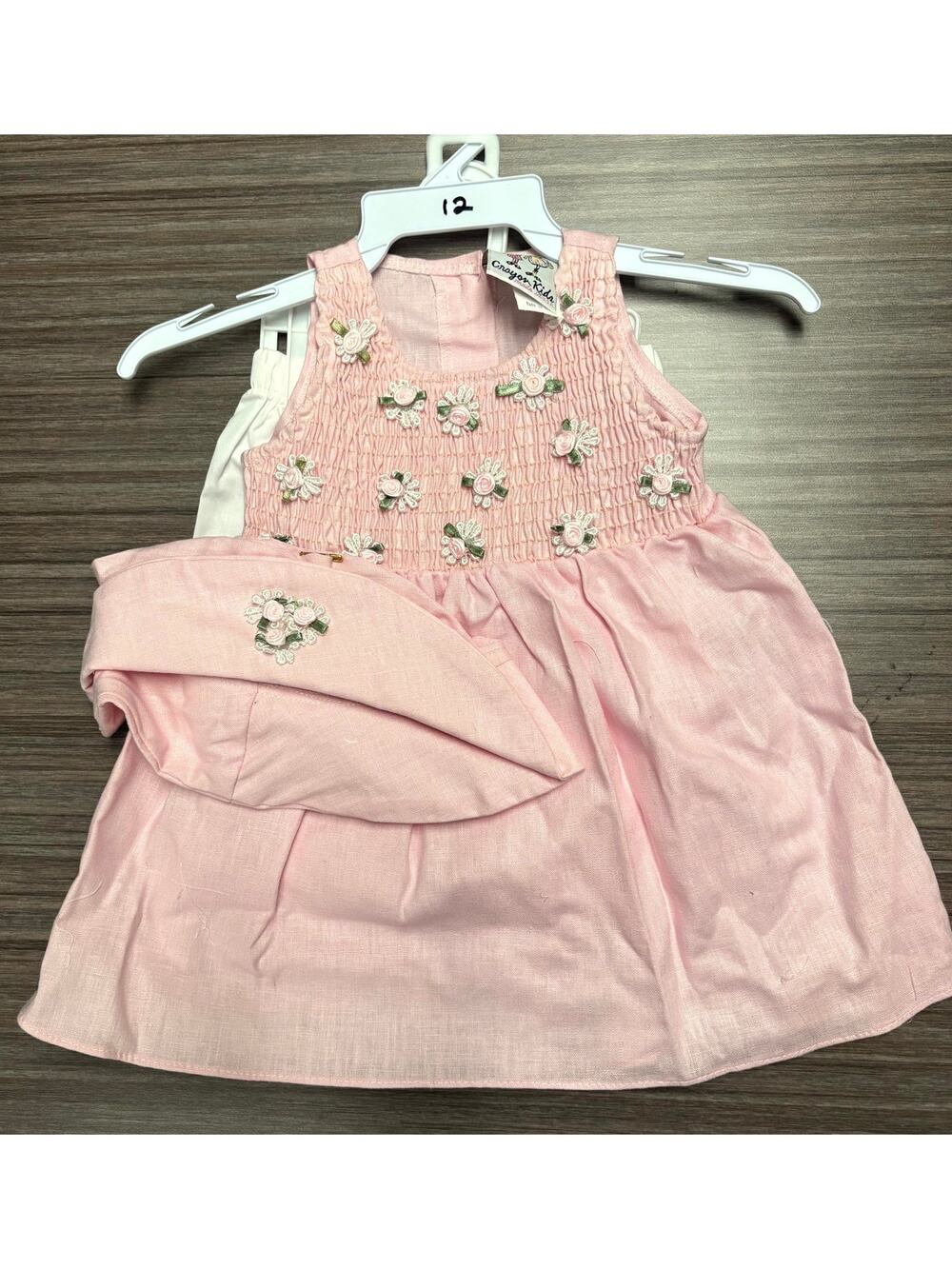 Vintage Crayon Kids It's Baby Bloomer Bonnet Dress Set 12M Pink White Smocked